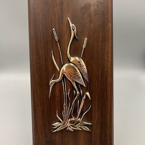 60s MCM Wood plaque with copper Herons